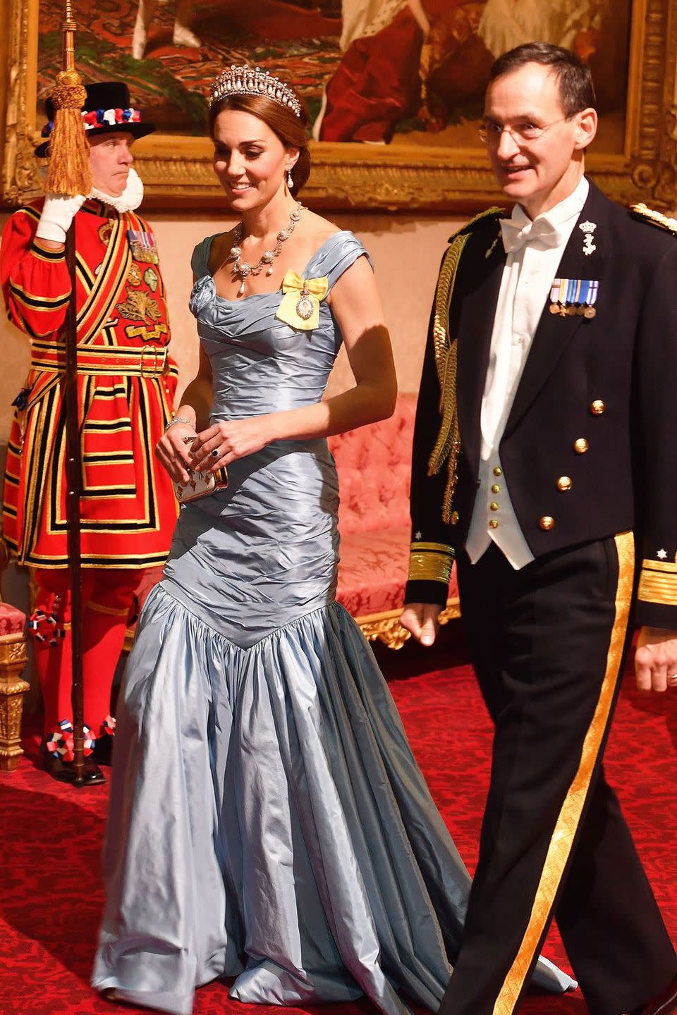 <p>The Duchess of Cambridge looked like a full-on princess in a blue Alexander McQueen gown and the Lover's Knot tiara for a state dinner at Buckingham palace. </p>