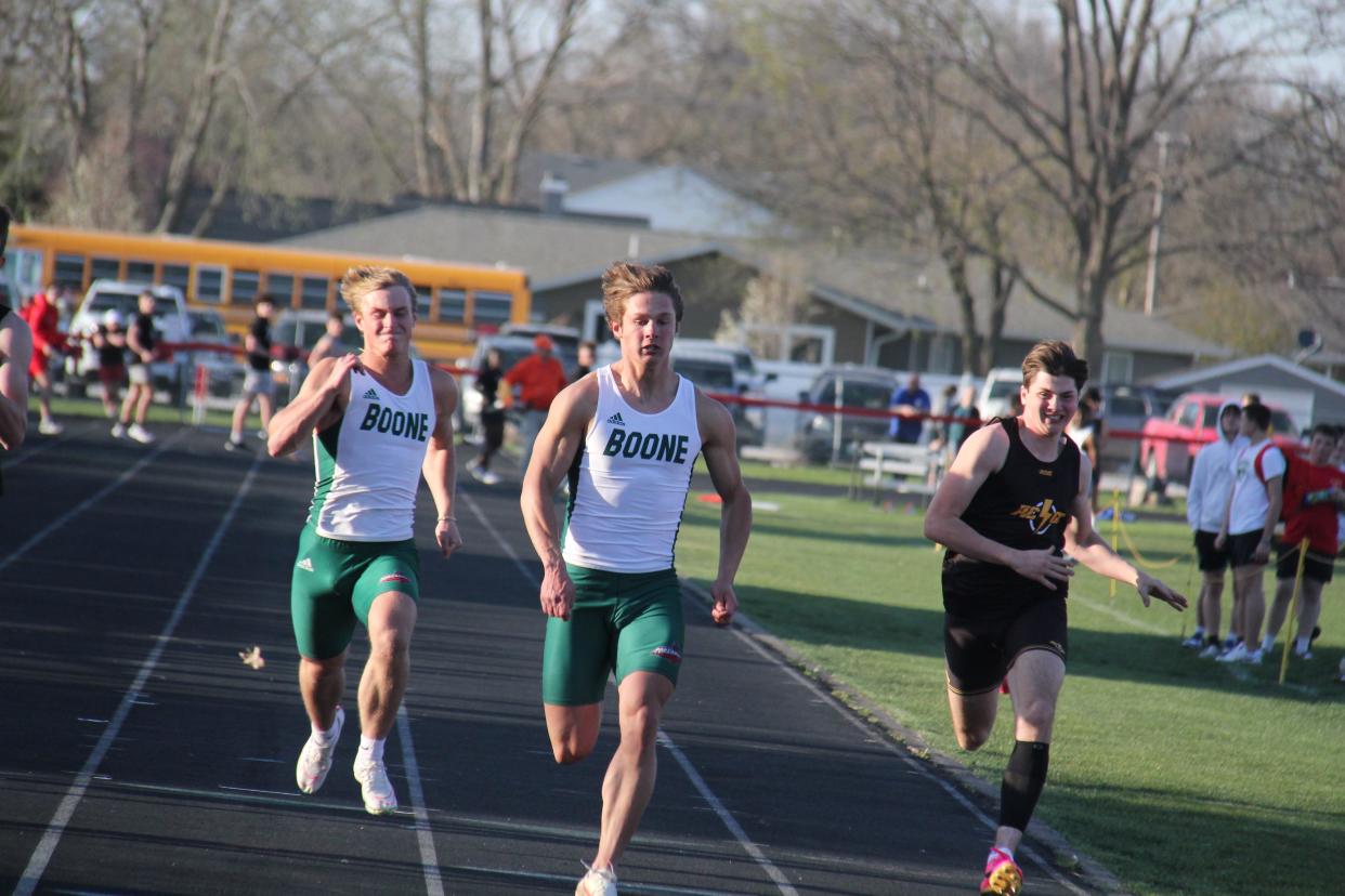 Boone runners compete in the 100-meter dash during the Ram Relays on Monday, April 15, 2024, in Jefferson.