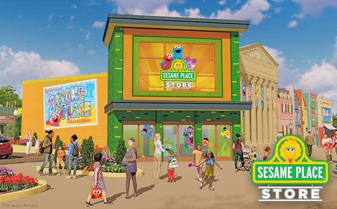 Exterior rendering of the new Sesame Place the store. The theme store, situated near the entrance to the theme park, will open this fall.
