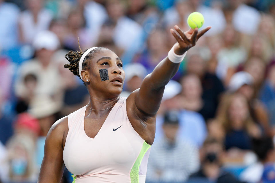 Serena Williams, pictured here in action against Emma Raducanu at the Cincinnati Masters.