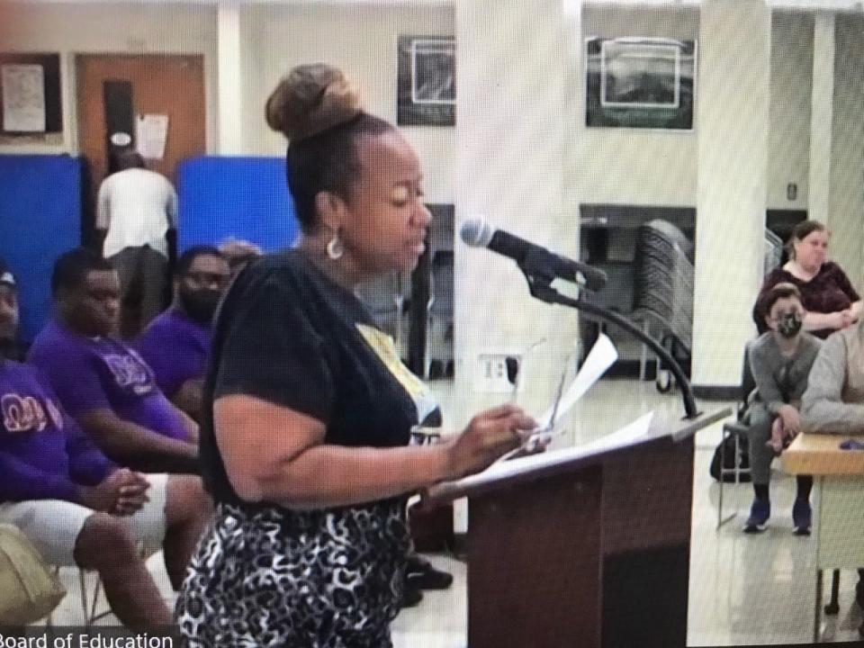 Paula Madison-Ryner, president of the Bergen/Passaic National Coalition of Black Women, speaks in support of Schools Superintendent Christopher Irving during the Teaneck Board of Education public session Wednesday, July 14, 2021.