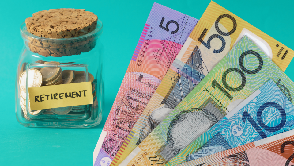 A jar with money collecting retirement cash and some Australian bank notes.