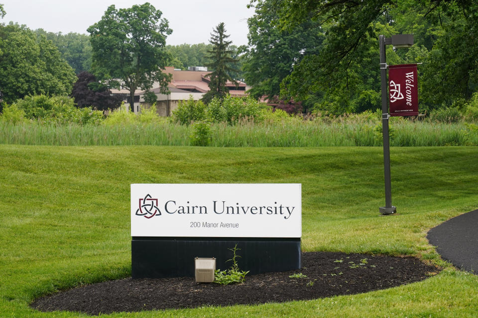 A sign for Cairn University is displayed at the campus in Langhorne, Pa., Friday, June 4, 2021. The Christian university outside of Philadelphia has shuttered its highly-regarded social work degree program partly because university officials said the national accrediting agency was attempting to impose values regarding sexuality and gender that did not align with the university's religious mission. (AP Photo/Matt Rourke)