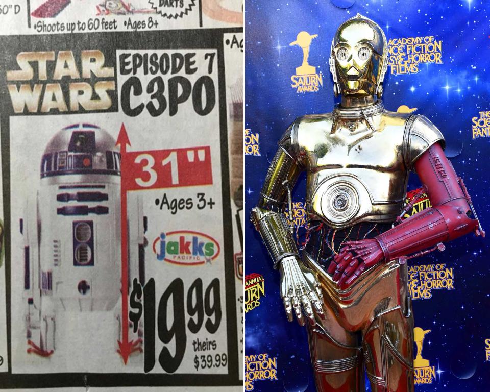 <p>C-3PO ist ein beliebter Charakter der „Star Wars“-Saga und bei Fans weltweit für sein spezielles Aussehen bekannt. Nun warb der Laden „Ollie’s Bargain Outlet“ in einem Prospekt mit einem C-3PO als Spielzeugfigur. Doch gründlich recherchiert wurde dabei wohl nicht – bei dem abgebildeten Modell handelt es sich nämlich um den Filmcharakter R2-D2, der äußerlich so gar nichts mit seinem Partner zu tun hat. (Bild: Instagram/celticangel03) </p>