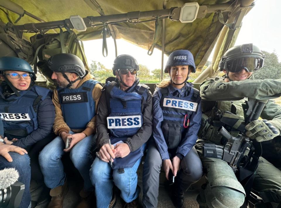 Mark Patinkin, center, and other journalists in an IDF Humvee driving through Gaza.