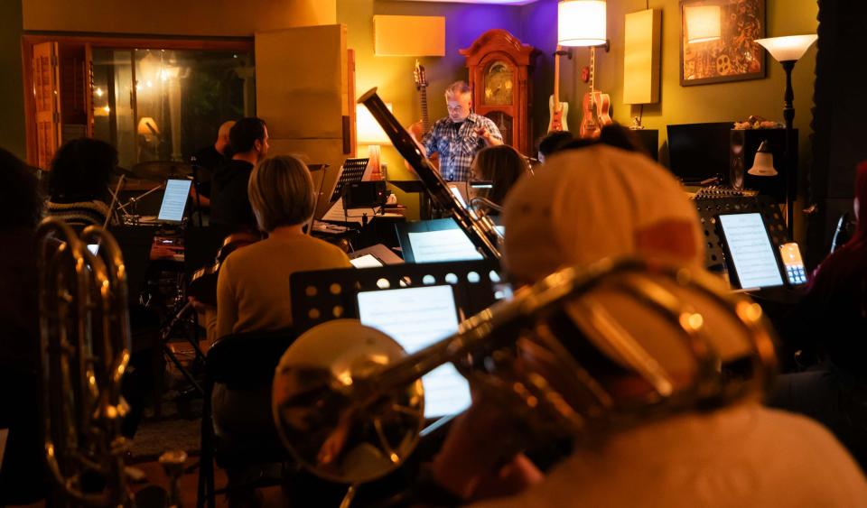 The Kabarett Orchestra practices inside a home in Chandler on Jan. 7, 2024. The local ensemble will perform a concert called Sonoran Dispatch: Wes Anderson Soundtrack Live, on Jan. 27.