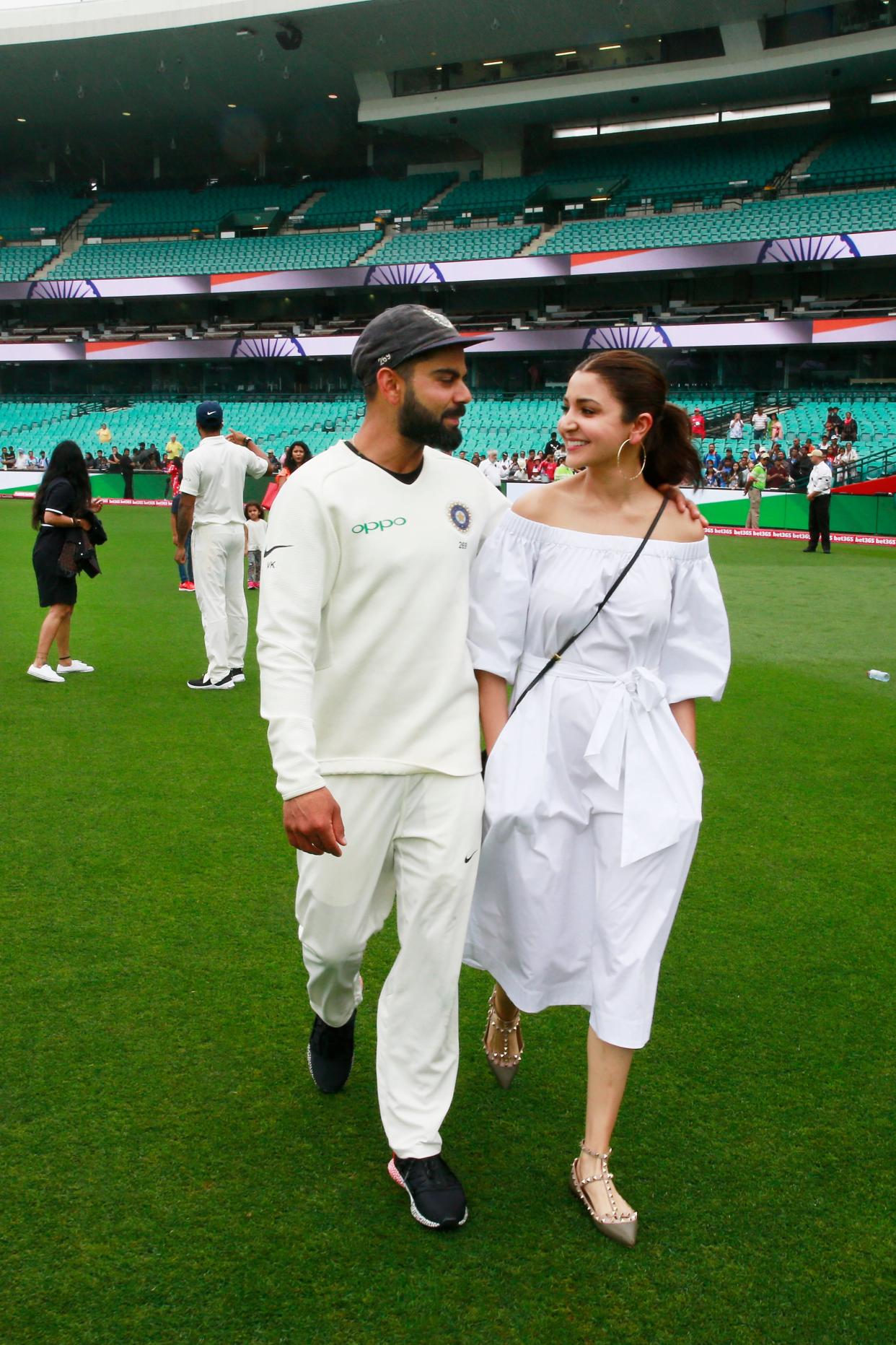 <p>Indian Cricket Captain Virat Kohli and his wife Anushka Sharma after winning the series and the Border–Gavaskar Trophy during day five of the Fourth Test match in the series between Australia and India at Sydney Cricket Ground on 7 January 2019</p> (Getty Images)