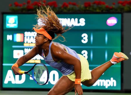 Mar 16, 2018; Indian Wells, CA, USA; Naomi Osaka (JPN) during her semifinal against Simona Halep (not pictured) in the BNP Paribas Open at the Indian Wells Tennis Garden. Mandatory Credit: Jayne Kamin-Oncea-USA TODAY Sports