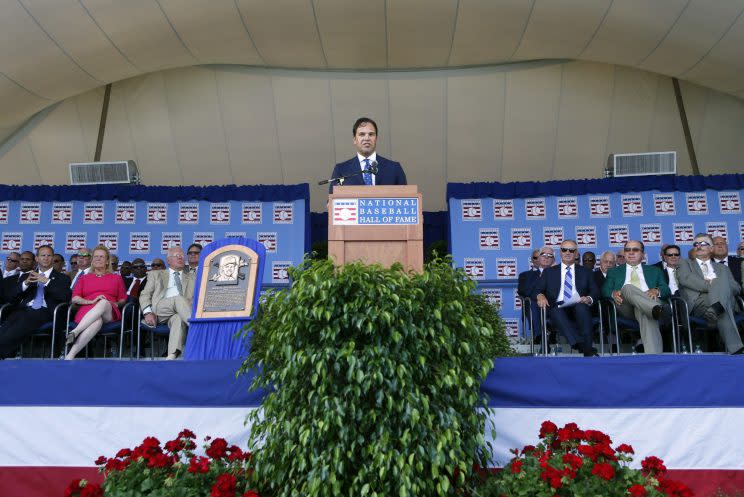 National Baseball Hall of Fame inductee Mike Piazza speaks during an induction ceremony at Clark Sports Center on Sunday, July 24, 2016, in Cooperstown, N.Y. (AP Photo/Mike Groll)