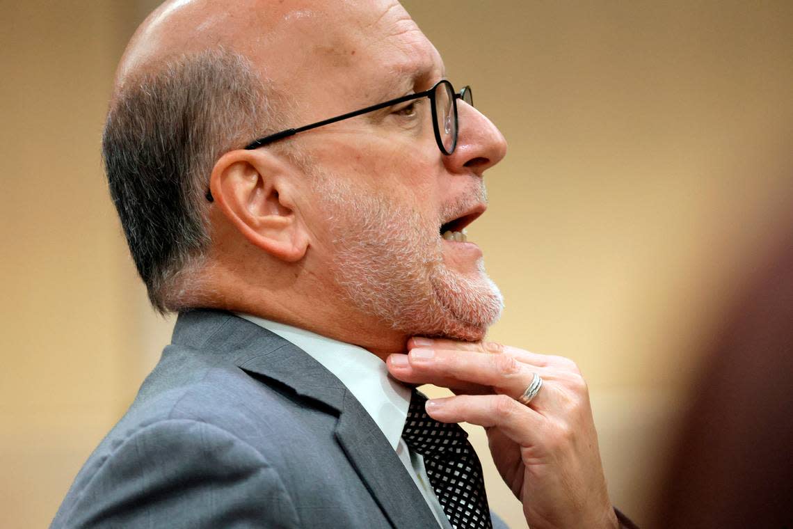 Defense attorney Stuart Adelstein gives his closing argument in the trial of Jamell Demons, better known as rapper YNW Melly, at the Broward County Courthouse in Fort Lauderdale on Thursday, July 20, 2023. Demons, 22, is accused of killing two fellow rappers and conspiring to make it look like a drive-by shooting in October 2018. (Amy Beth Bennett / South Florida Sun Sentinel) Amy Beth Bennett/South Florida Sun Sentinel