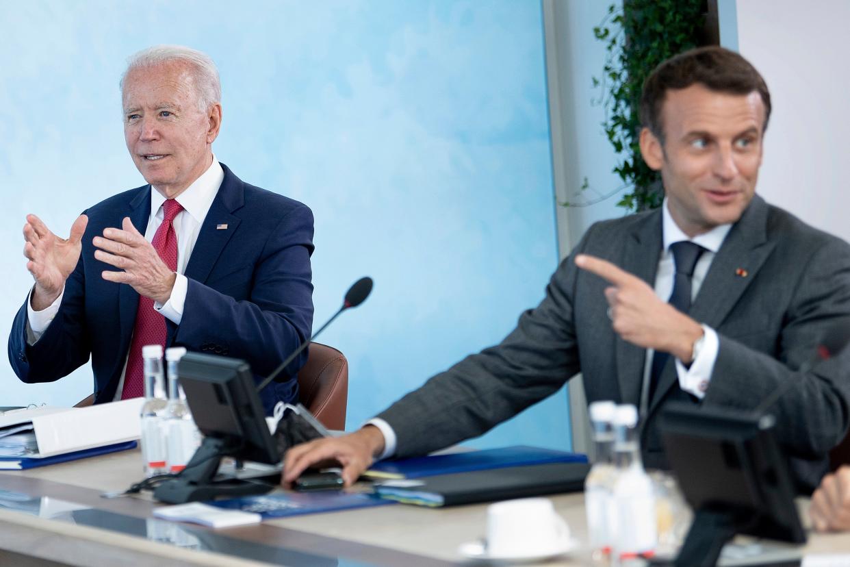 File: Emmanuel Macron, in a phone call with Joe Biden, underscored the ‘collective moral responsibility toward the Afghan men and women who need our protection’ (AP)