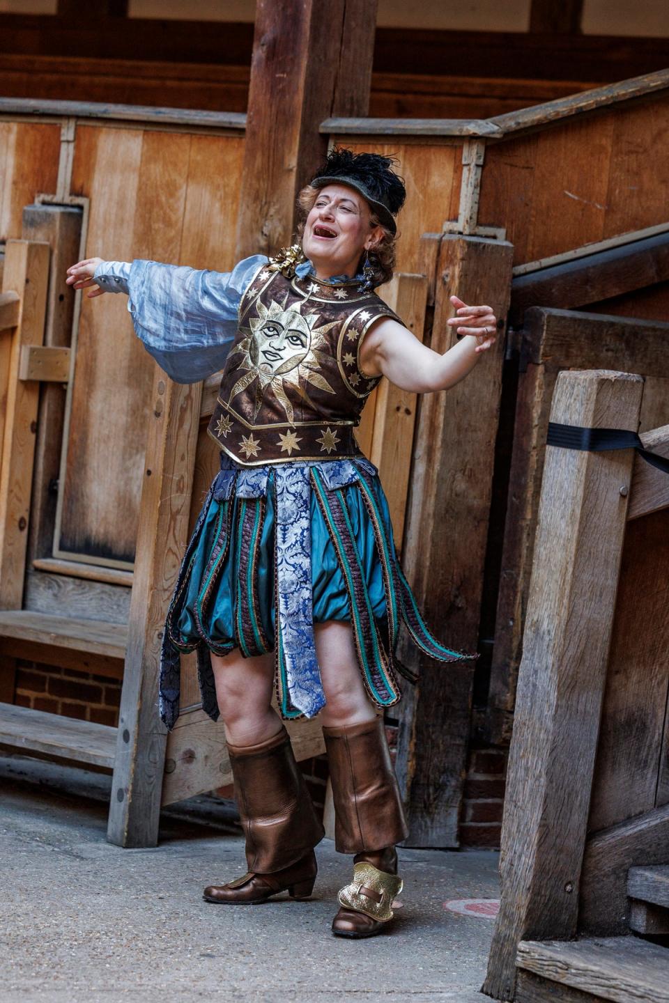 Allen and Adcock costumes on stage at Shakespeare's Globe, As You Like It, August 2023 (Ellie Kurttz)