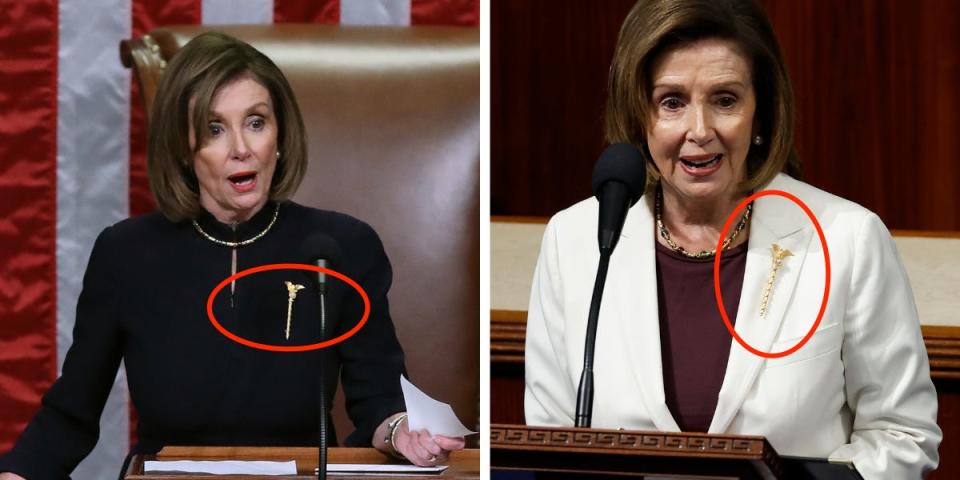 Left: Speaker of the House Nancy Pelosi (D-CA) presides over the House of Representatives as they vote on the second article of impeachment of U.S. President Donald Trump at in the House Chamber at the U.S. Capitol December 18, 2019 in Washington, DC. Right: U.S. Speaker of the House Nancy Pelosi (D-CA) delivers remarks from the House Chambers of the U.S. Capitol Building on November 17, 2022 in Washington, DC.