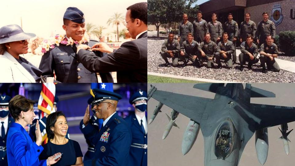 CQ Brown at key moments throughout his career. Clockwise from top left: His father, retired Army Col. Charles Q. Brown Sr., and mother, Kay Brown, pin wings onto his uniform as then-2nd Lt. CQ Brown graduates from pilot training at Williams Air Force Base, Arizona, in 1986. Then-Capt. Brown, lower left, poses with his class of F-16 Fighting Falcon graduates from the U.S. Air Force Fighter Weapons Instructor Course at Nellis Air Force Base in Nevada in 1991. Then-Lt. Col. Brown pilots an F-16 in support of Operation Southern Watch in Iraq in the early 2000s. Then-Secretary of the Air Force Barbara Barrett administers the oath of office to Brown at the change of command ceremony in which he became the service's 22nd chief of staff. (Courtesy of the Brown family; Wayne Clark/U.S. Air Force)