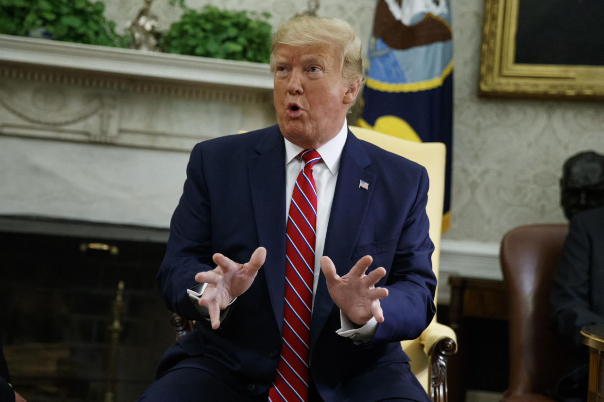 President Trump speaks to reporters in the Oval Office of the White House on Wednesday. (AP Photo/Evan Vucci)                                                                                                                                                                                                                                                                                                                                                                                                                                                                                                                                                                                                                                                                                                                 