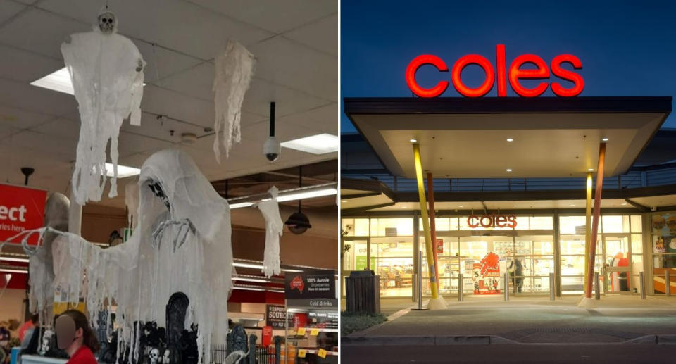 Scary halloween decorations in a Coles store and Coles store front. Source: Facebook/Getty Images 