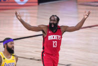 Houston Rockets' James Harden (13) reacts after being called for an offensive foul against the Los Angeles Lakers during the first half of an NBA conference semifinal playoff basketball game Thursday, Sept. 10, 2020, in Lake Buena Vista, Fla. (AP Photo/Mark J. Terrill)