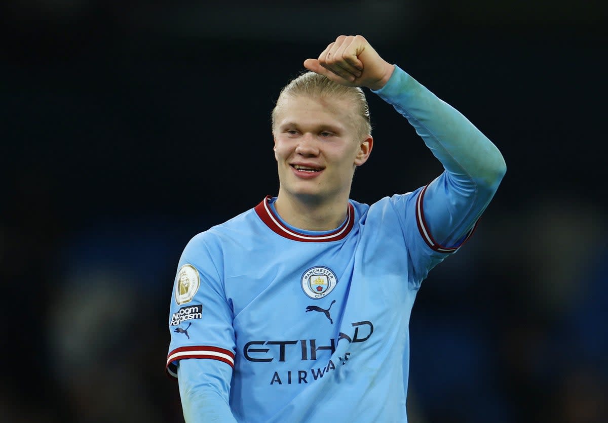 Erling Haaland celebrates Manchester City’s win over Tottenham (Reuters)