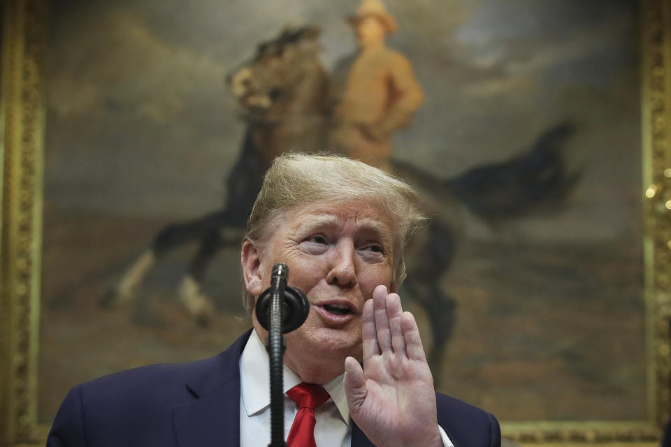Irony alert: As President Donald Trump announced proposals to&nbsp;weaken the National Environmental Policy Act on Jan. 9 at the White House, in the background loomed a portrait of the president who spurred America&rsquo;s conservationist movement, Theodore Roosevelt. (Photo: Drew Angerer via Getty Images)