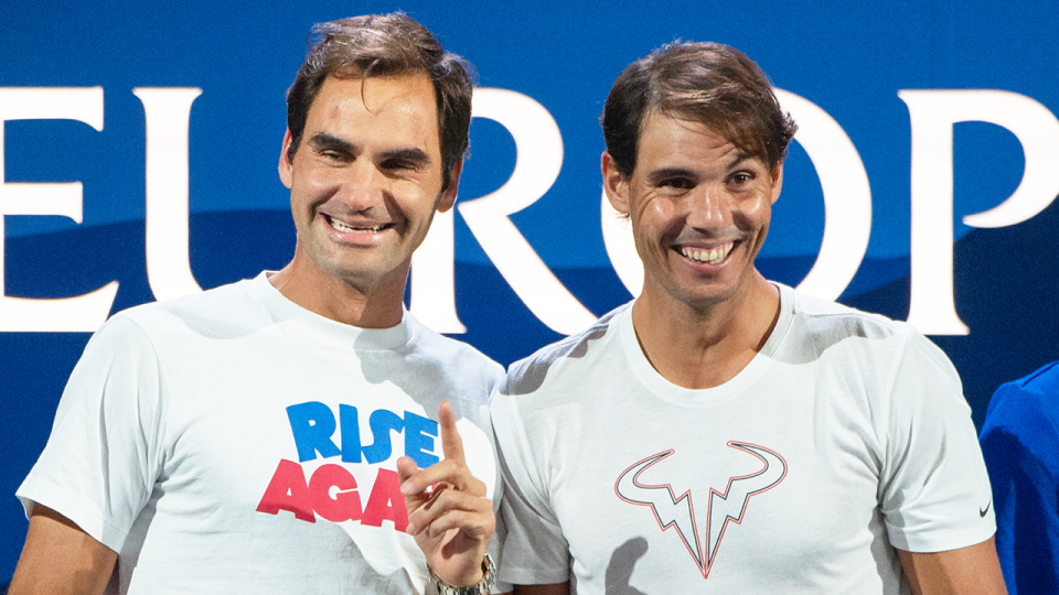 Roger Federer (pictured left) and Rafa Nadal (pictured right) share a laugh during the Laver Cup.