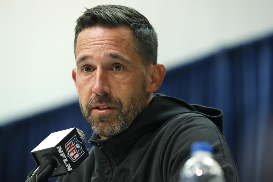 FILE - In this Feb. 25, 2020, file photo, San Francisco 49ers head coach Kyle Shanahan speaks during a news conference at the NFL football scouting combine in Indianapolis. Shanahan praised former NFL quarterback Colin Kaepernick Thursday, June 4, for trying to bring the issue of racism and police brutality to light with his protests during the national anthem in the 2016 season. (AP Photo/Charlie Neibergall, File)