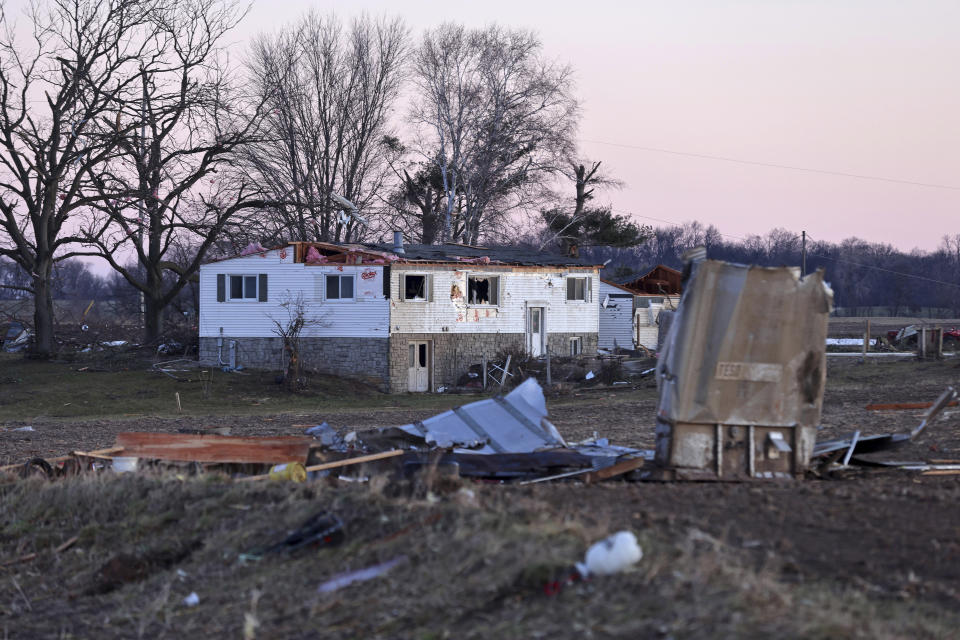 A home owned by Patrick Crull along North Tolles Road shown Friday morning, Feb. 9, 2024, suffered severe damage from a confirmed tornado that traveled through the area just northwest of Evansville, Wis. the night. The tornado was the first-ever reported in February in the state of Wisconsin, according to the National Weather Service. (Anthony Wahl/The Janesville Gazette via AP)/The Janesville Gazette via AP)