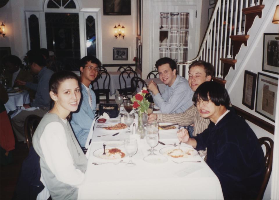 Elon Musk and four others at a restaurant during a Resident Advisors team dinner in 1995.