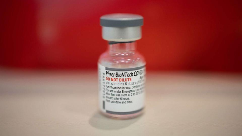 PHOTO: A vial of the Pfizer-BioNTech Covid-19 vaccine at a clinic inside Trinity Evangelic Lutheran Church in Lansdale, Pa., Apr. 5, 2022.  (Bloomberg via Getty Images, FILE)