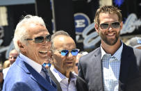 Hall of Famer Sandy Koufax, left, poses with Joe Torre, center, and Clayton Kershaw as the Los Angeles Dodgers unveil a Sandy Koufax statue in the Centerfield Plaza to honor the Hall of Famer and three-time Cy Young Award winner prior to a baseball game between the Cleveland Guardians and the Dodgers at Dodger Stadium in Los Angeles, Saturday, June 18, 2022. (Keith Birmingham/The Orange County Register via AP)