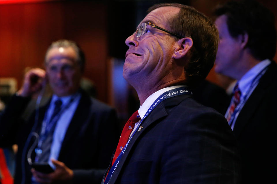 A Donald Trump supporter reacts to the returns at Republican presidential nominee Donald Trumps election night event at the New York Hilton Midtown in New York, on Nov. 8.&nbsp;