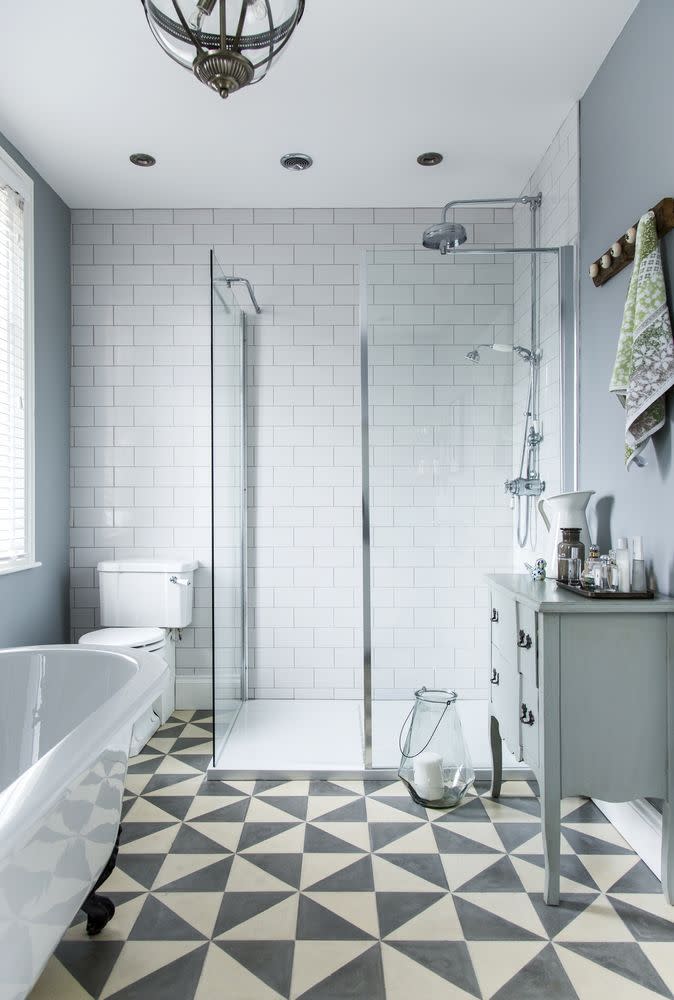 <p>This stunning bathroom space was inspired by a boutique hotel — and we can't get enough of the geometric floor tiles. <br></p><p><a class="link " href="https://www.housebeautiful.com/uk/renovate/homes-makeovers/a579/small-vintage-bathroom-makeover/" rel="nofollow noopener" target="_blank" data-ylk="slk:TAKE A TOUR;elm:context_link;itc:0;sec:content-canvas">TAKE A TOUR</a></p>