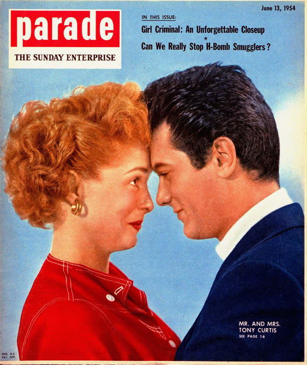 <p>“She was the first girl I had ever taken out steady,” Curtis, then 29, told <em>Parade</em> about Leigh. “She was beautiful—not just on the outside. I knew this was the girl I wanted to marry.” And they did in 1951, after a whirlwind six-month courtship. “We get along well because we like the same things,” Curtis reported. “Especially food. Janet makes the best salami sandwiches you ever ate. Also, we have a firm rule: never criticize each other’s acting!” Curtis and Leigh divorced in 1962 after having two kids (Kelly and Jamie). He went on to marry five more times; Leigh was married a total of four times.</p>