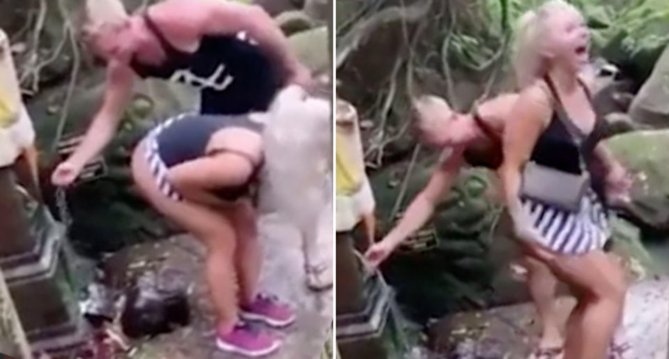 An Instagram video shows Czech fitness model Sabina Dolezalova being splashed on the buttocks with holy water at Bali's Beji Temple by Zdenek Slouka. 