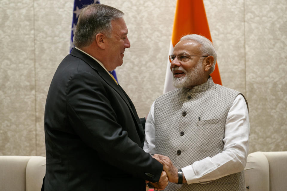 Secretary of State Mike Pompeo, left, shakes hands with Indian Prime Minister Narendra Modi, during their meeting at the Prime Minister's Residence, Wednesday, June 26, 2019, in New Delhi, India. (AP Photo/Jacquelyn Martin, Pool)