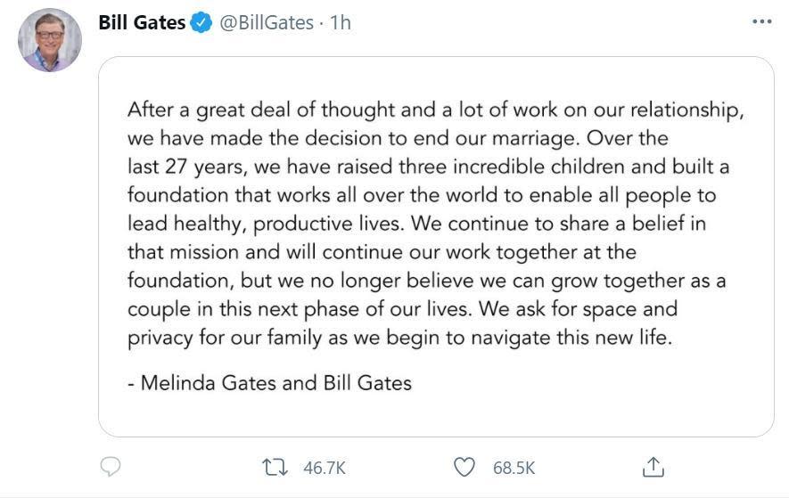 比爾蓋茲與梅琳達都發表聯合聲明，宣布結束長達27年的婚姻。（翻攝自Bill Gates推特）