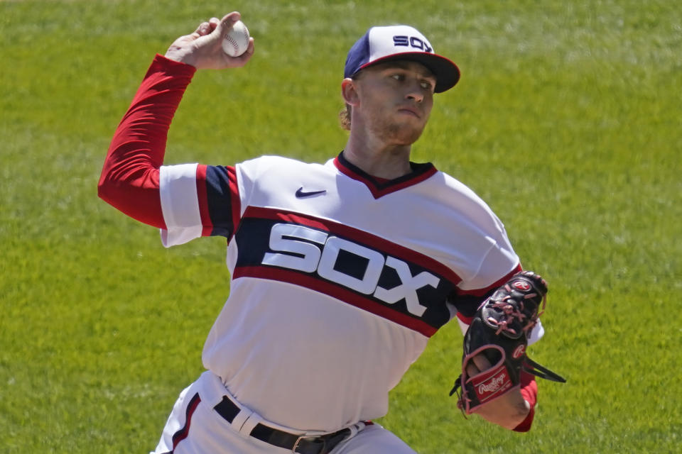 Chicago White Sox starting pitcher Michael Kopech throws against the Texas Rangers during the first inning of a baseball game in Chicago, Sunday, April 25, 2021. (AP Photo/Nam Y. Huh)