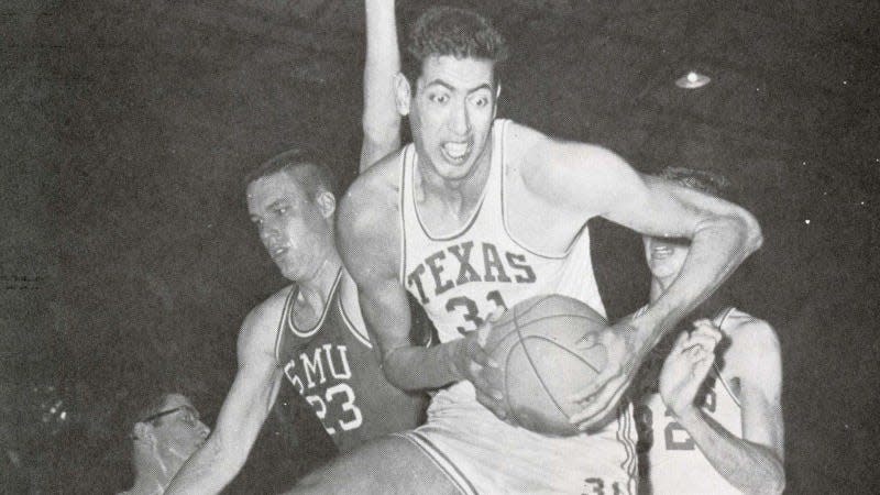 Texas' Albert Almanza, grabbing a rebound against SMU, is a member of the Texas Athletics Hall of Honor and represented Mexico in the 1960 and 1964 Olympics. He also helped Texas win the Southwest Conference.