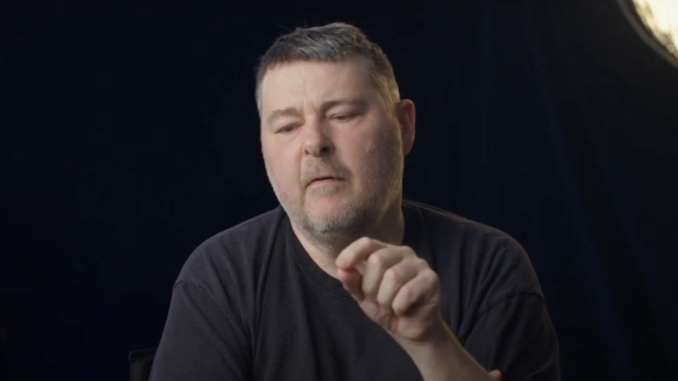 Ben Wheatley in black t-shirt giving an interview about Meg 2