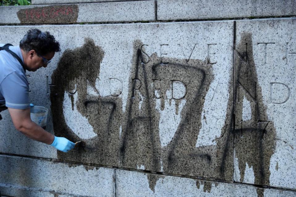 The vandals wrote messages like “Gaza” and “Free Palestine.” G.N.Miller/NYPost