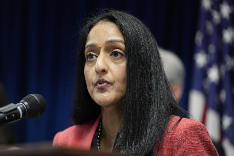 U.S. Associate Attorney General Vanita Gupta speaks about a Department of Justice report that found the Minneapolis Police Department has engaged in a pattern or practice of discrimination during a news conference, Friday, June 16, 2023, in Minneapolis. The two-year probe found that Minneapolis officers used excessive force, including “unjustified deadly force,” and violated the rights of people engaged in constitutionally protected speech. (AP Photo/Abbie Parr)