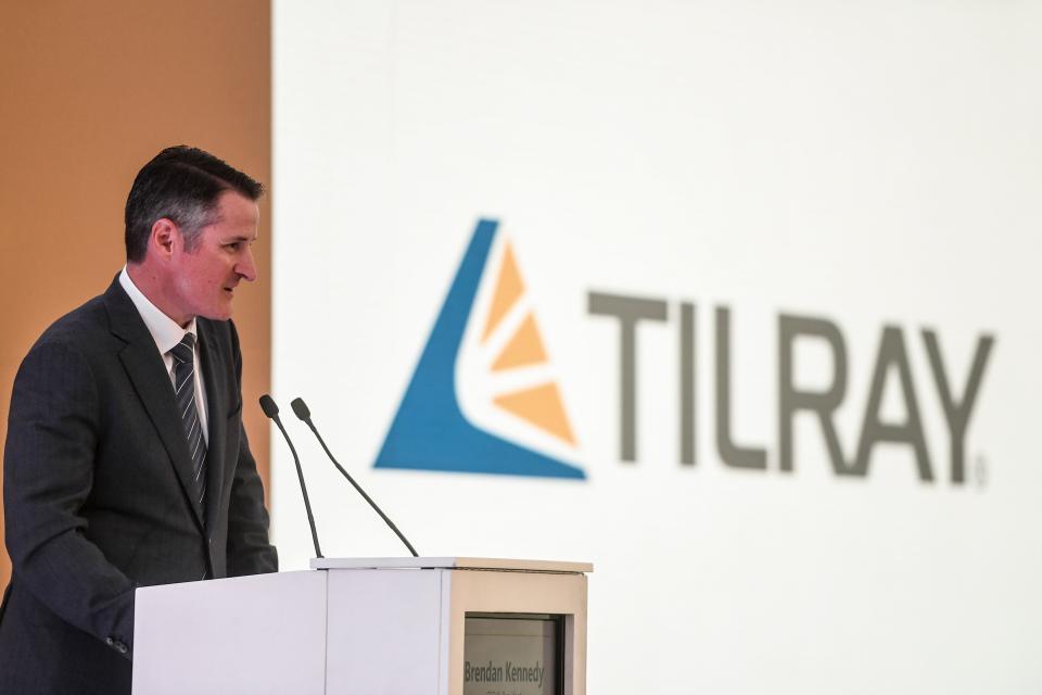 US businessman, Brendan Kennedy, CEO of Tilray medical cannabis producer, delivers a speech during the inauguration of the Canadian company's European production site in Cantanhede, on April 24, 2018. - The Canadian company Tilray, which aims to become one of the world's leaders in the therapeutic cannabis industry, inaugurated its European production site today in the central Portuguese town of Cantanhede. (Photo by PATRICIA DE MELO MOREIRA / AFP)        (Photo credit should read PATRICIA DE MELO MOREIRA/AFP/Getty Images)