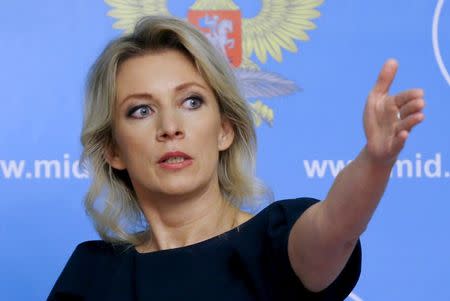 Spokeswoman of the Russian Foreign Ministry Maria Zakharova gestures as she attends a news briefing in Moscow, Russia, October 6, 2015. REUTERS/Maxim Shemetov