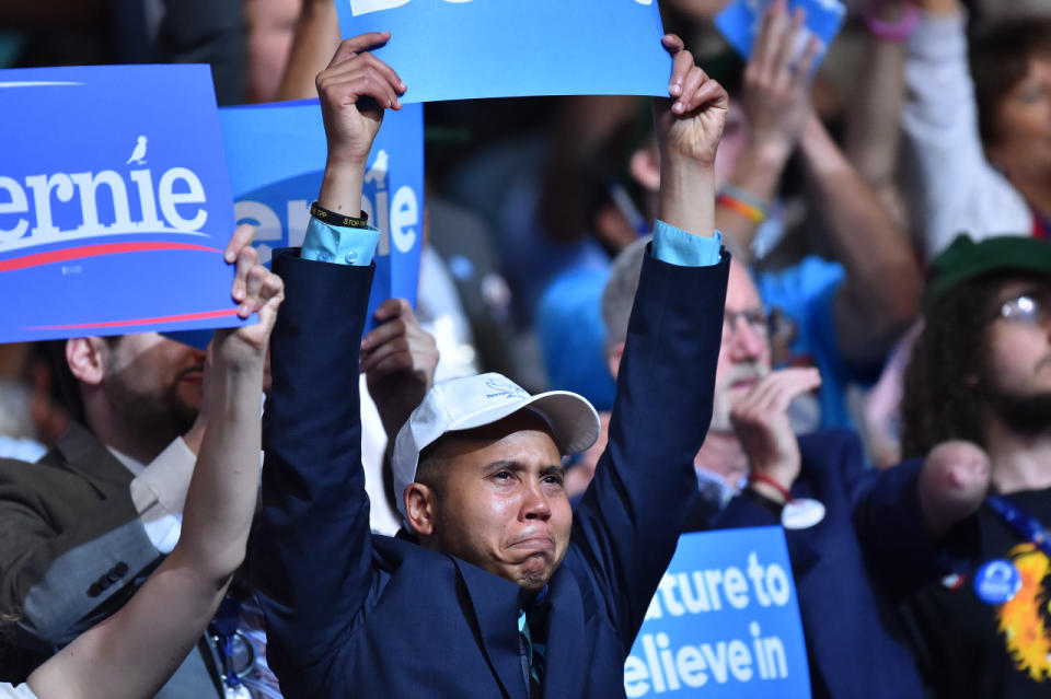 <p>Supporters react as Senator Bernie Sanders addresses the Democratic National Convention in Philadelphia, July 25, 2016. (Jabin Botsford/The Washington Post via Getty Images)</p>