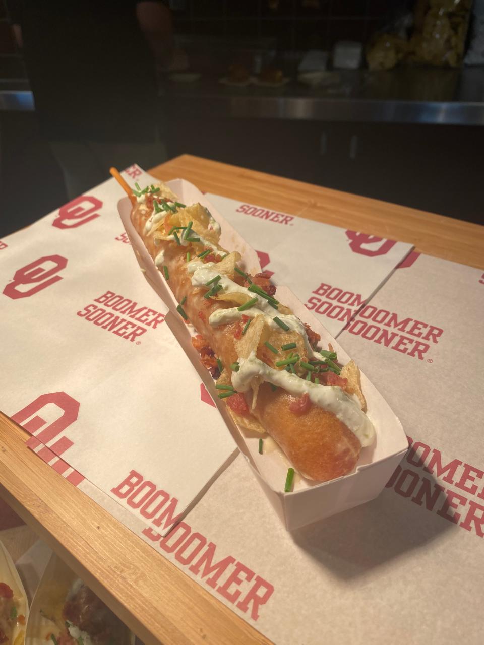 Actual size of the Stormchaser dog from Levy restaurants that will be available at rotating OU home football games this season.
