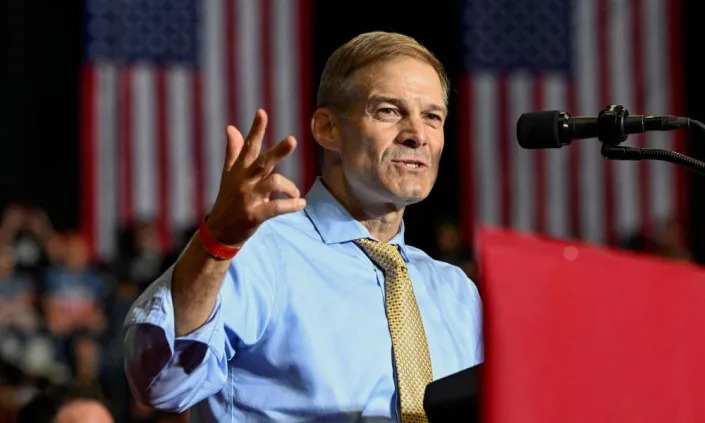 Jim Jordan, who recently tweeted ‘Kanye. Elon. Trump’, speaks at a rally held by Trump in Youngstown, Ohio, in September.