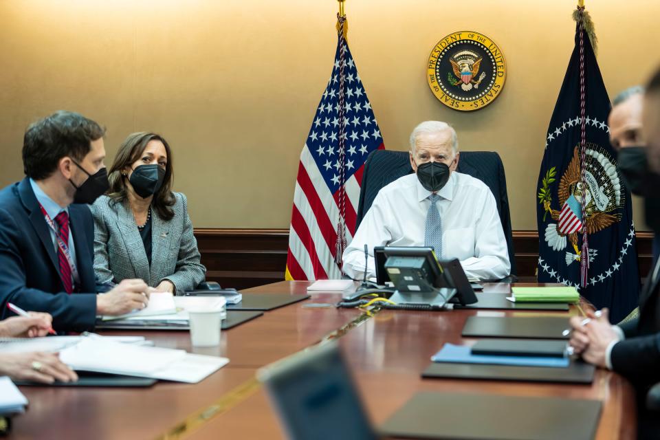 In this image provided by The White House, President Joe Biden and Vice President Kamala Harris and members of the President's national security team observe from the Situation Room at the White House in Washington, on Wednesday, Feb. 2, 2022 (AP)