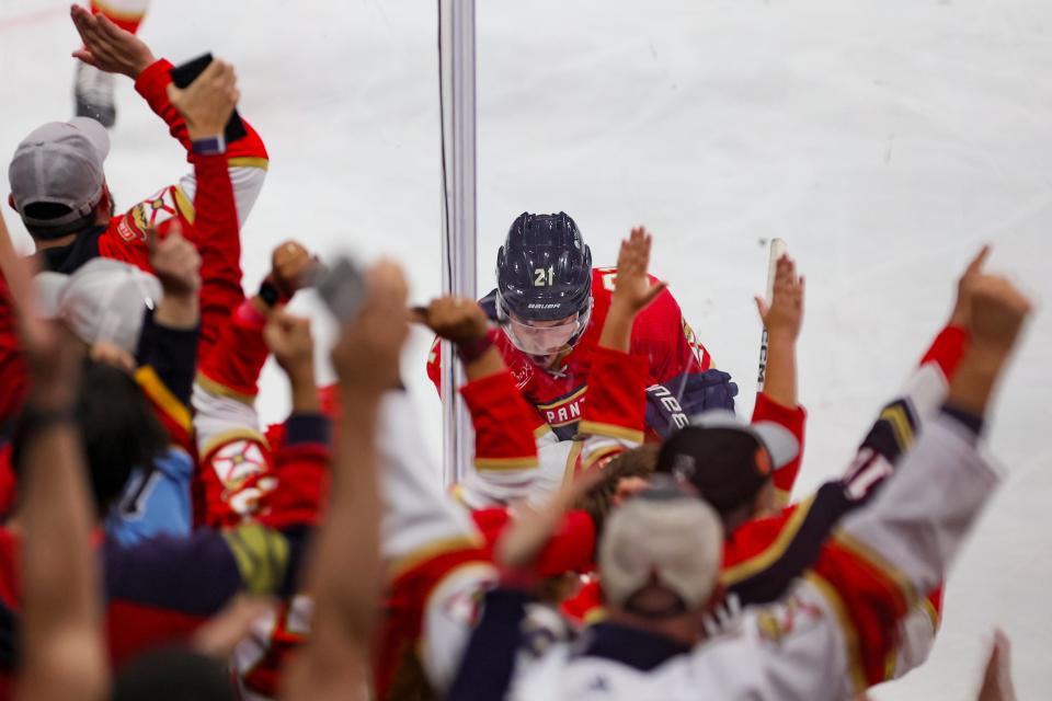 Nov 6, 2023; Sunrise, Florida, USA; Florida Panthers center Nick Cousins (21) reacts after scoring against the Columbus Blue Jackets during the third period at Amerant Bank Arena. Mandatory Credit: Sam Navarro-USA TODAY Sports