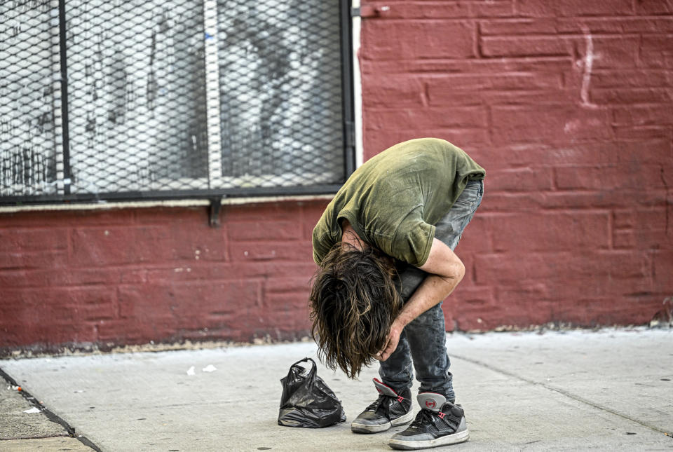 PHILADELPHIA, PENNSYLVANIA - JULY 06: Homeless people are seen on streets of the Kensington neighborhood as homelessness and drug addiction hit Philadelphia in Pennsylvania, United States on July 06, 2023. Many openly inject opioids into their hands, arms and necks. (Photo by Fatih Aktas/Anadolu Agency via Getty Images)