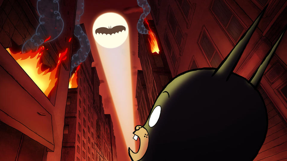 The bat signal and Damian in Merry Little Batman.