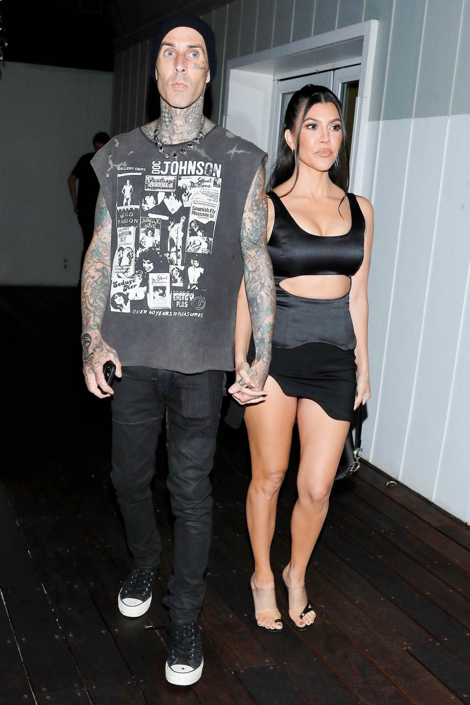 <p>Travis Barker and Kourtney Kardashian hold hands as they arrive at the Galore x PrettyLittleThing the Youth Issue party hosted by Atiana De La Hoya in West Hollywood on June 24. </p>